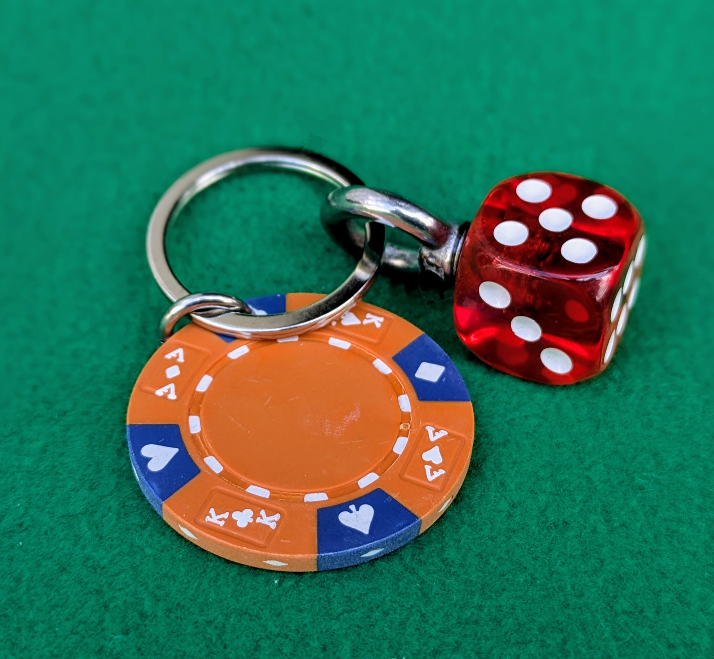 Orange and Blue Casino Vegas Chip and Dice repurposed into a key ring
