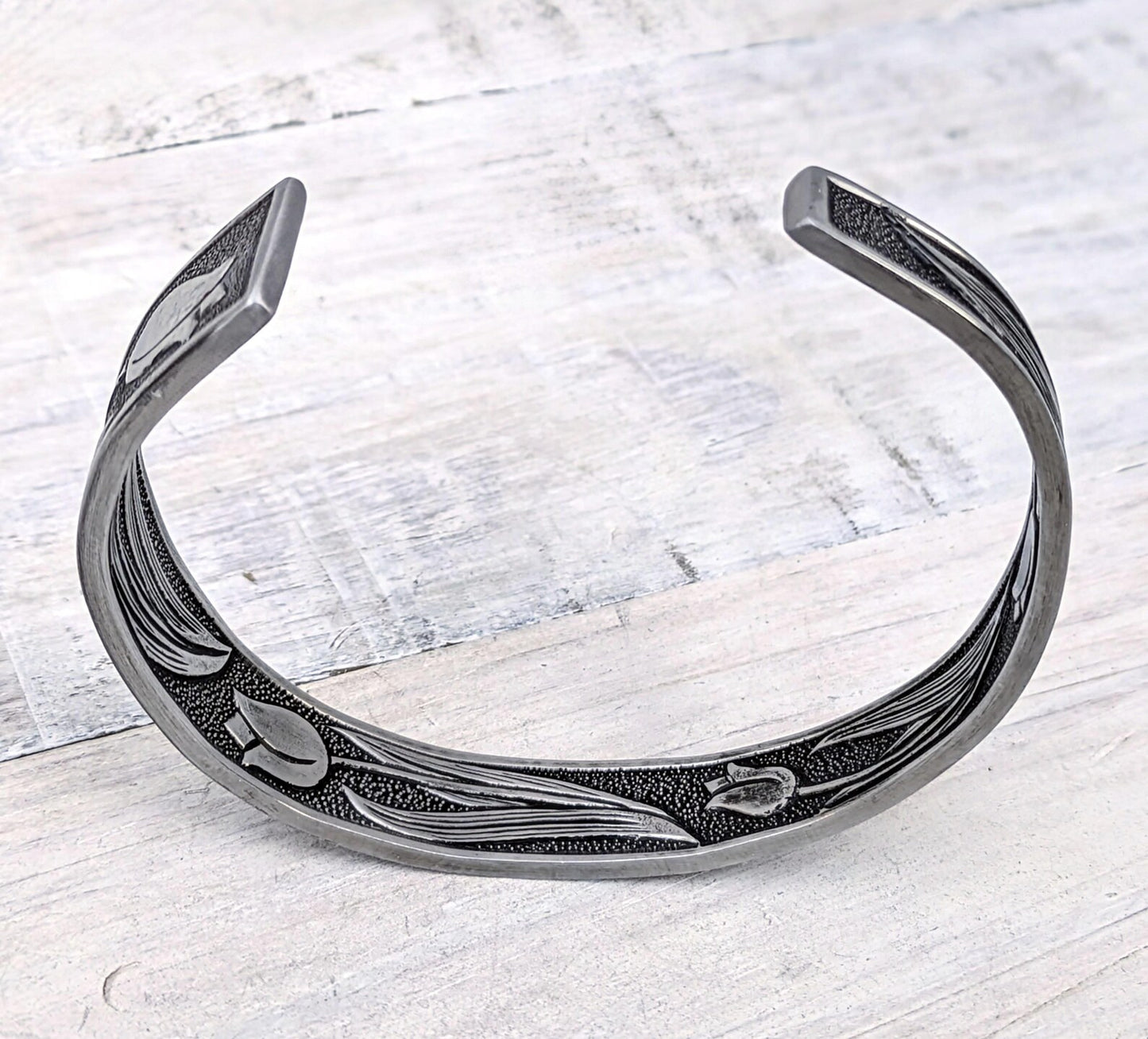 Stainless Steel Tulip Floral Cuff Bracelet Handmade Upcycled Unisex Boho Jewelry