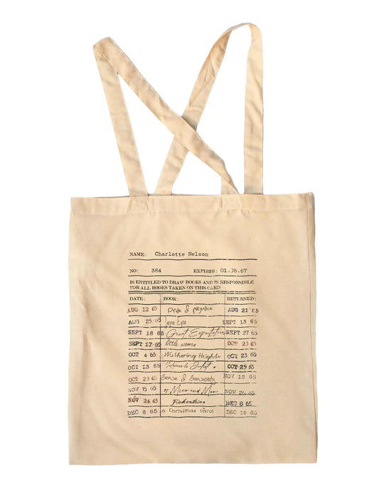 personalise your own tote bag - vintage library card with a lost of your favourite books , dates and name of person - perfect gift for a book lover