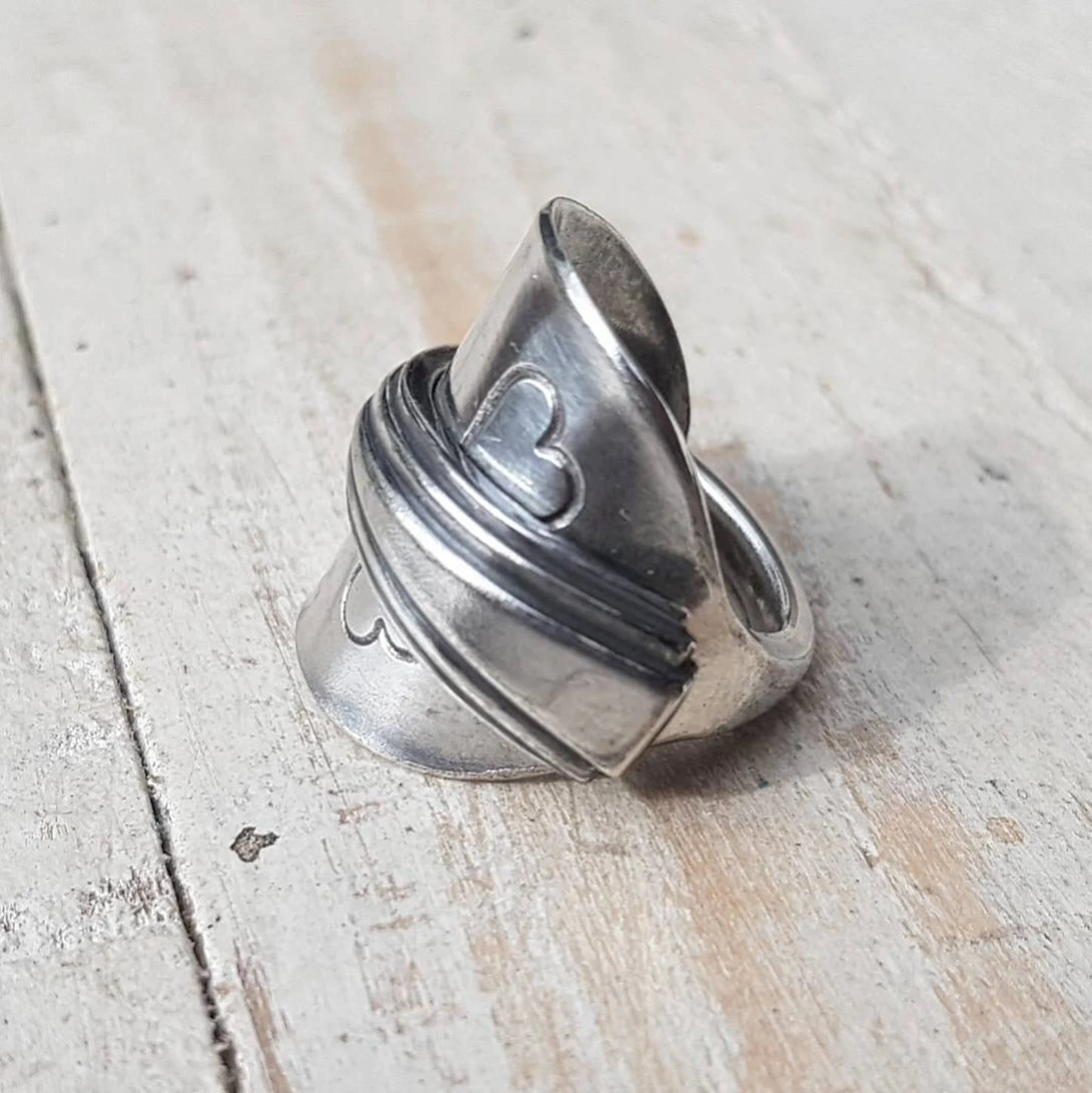 Vintage Art Deco Spoon Ring - Hearts Pattern - Handmade Upcycled - Boho Jewelry