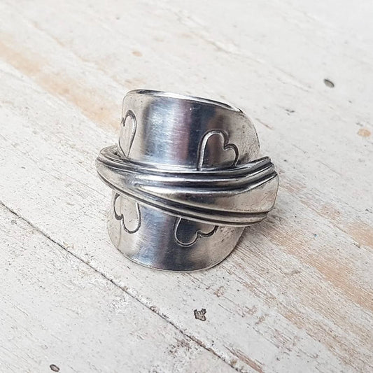 Vintage Art Deco Spoon Ring - Hearts Pattern - Handmade Upcycled - Boho Jewelry