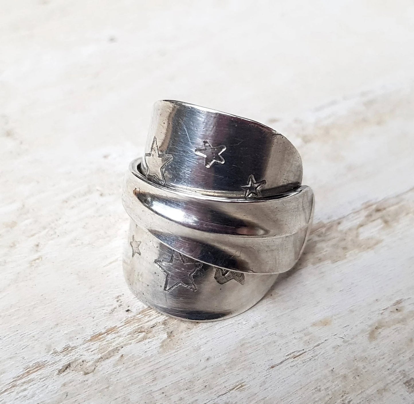 Sterling Silver Unisex - STARS Pattern - 1937 Vintage Spoon Ring