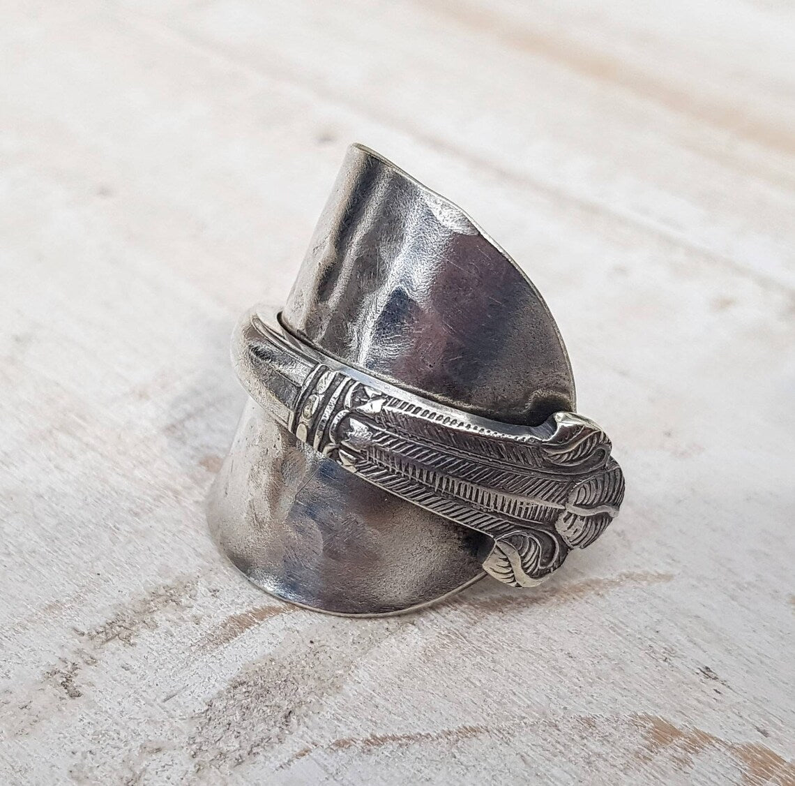 Vintage Feather Spoon Ring - Upcycled Unisex - Repurposed Boho Jewelry