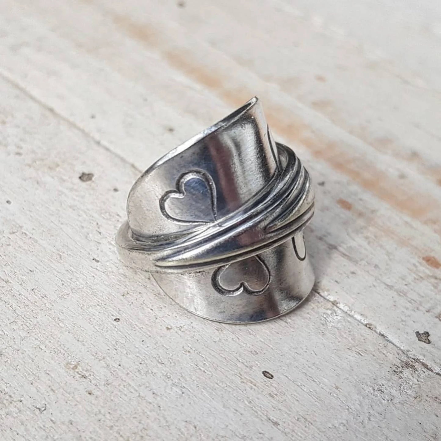 Vintage Art Deco Spoon Ring - Hearts Pattern - Handmade Upcycled - Boho Jewelry