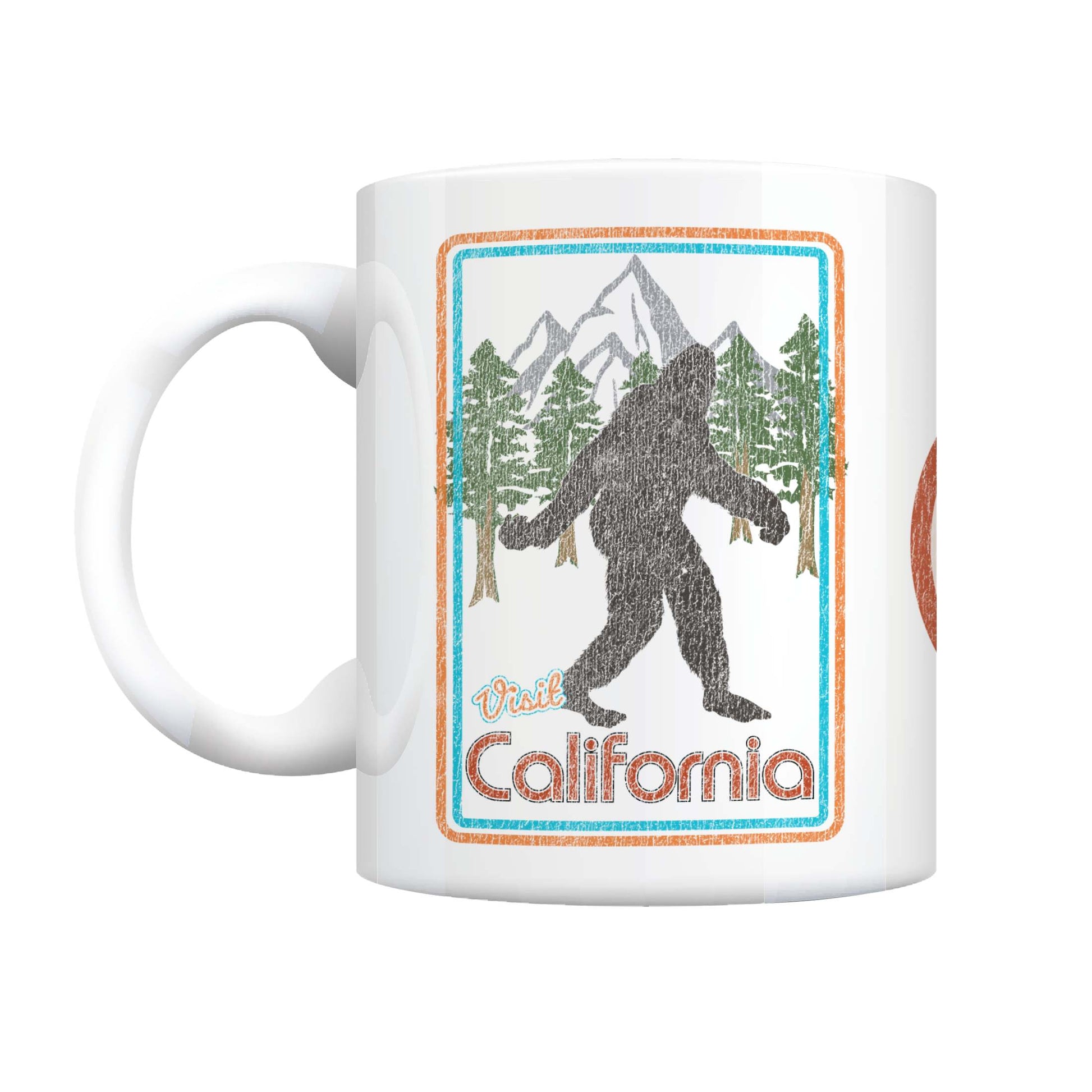 A white ceramic mug featuring a retro-style graphic of a Bigfoot silhouette in front of mountains and pine trees, with the text 'Visit California' in orange and blue.