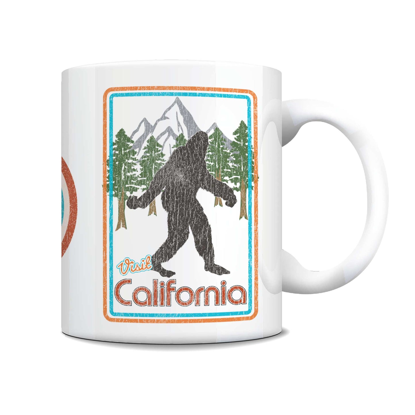 A white ceramic coffee mug featuring a retro-style California Bigfoot graphic with mountains, pine trees, and the text 'Paul California' in orange and blue.