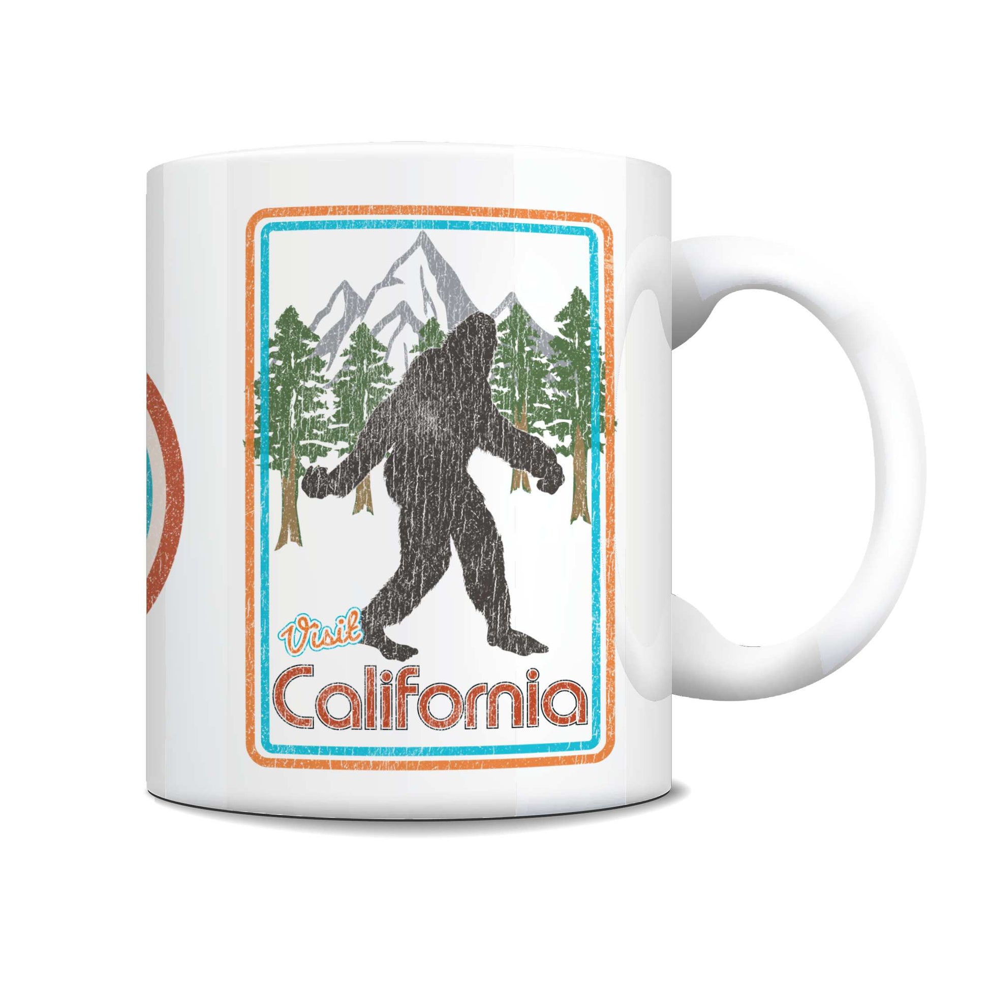 A white ceramic coffee mug featuring a retro-style California Bigfoot graphic with mountains, pine trees, and the text 'Paul California' in orange and blue.