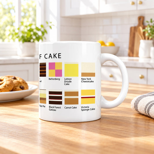 A white ceramic coffee mug with color swatches for different cake types printed on it, such as chocolate fudge, victoria sponge, carrot cake, and more.