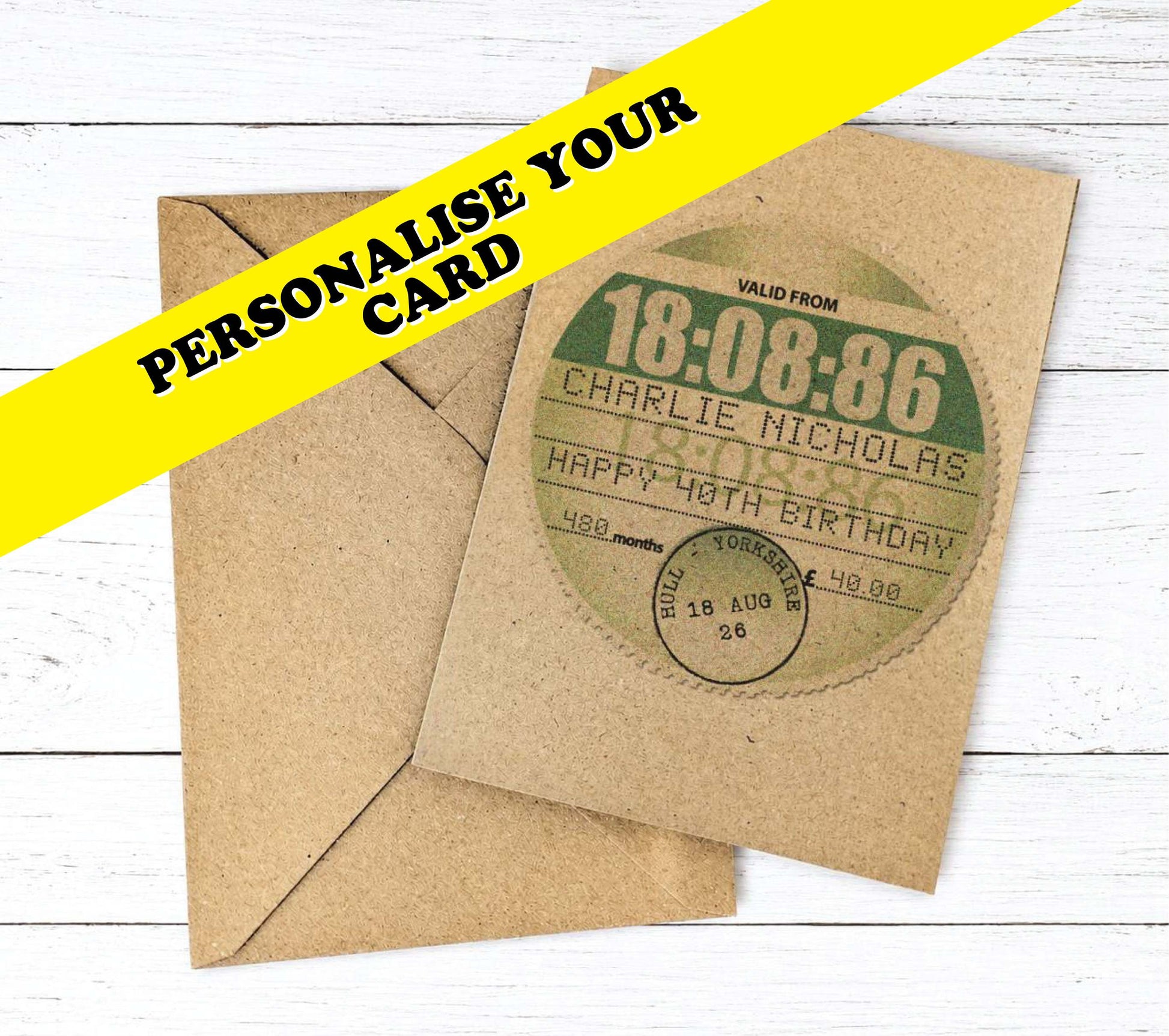 personalised vintage car tax disc birthday greeting card