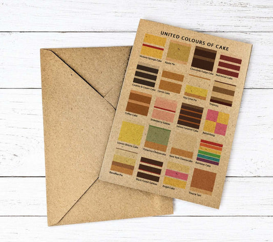 A flat printed card titled 'UNITED COLOURS OF CAKE' with multiple small cake color swatches and labels, placed on top of a brown kraft envelope against a white wood plank background.