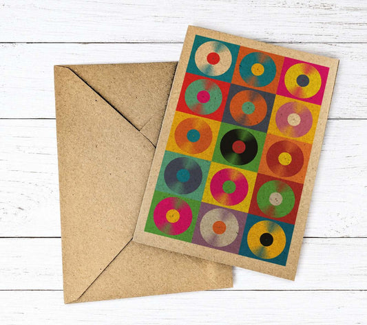 pop art vinyl records in different colours greeting card