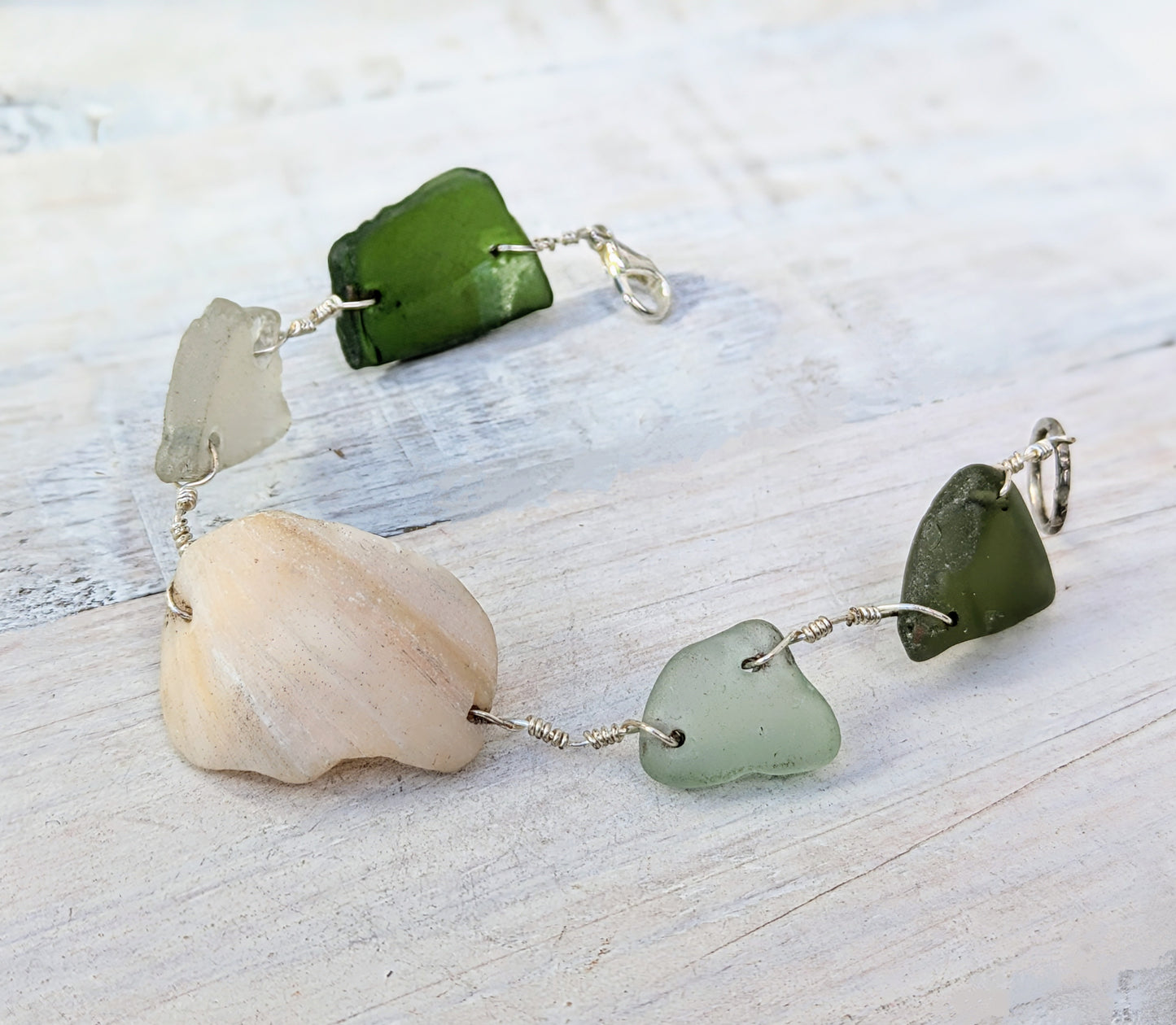 Sea Glass & Shell Bracelet - Upcycled - Ladies Handmade Boho Jewelry