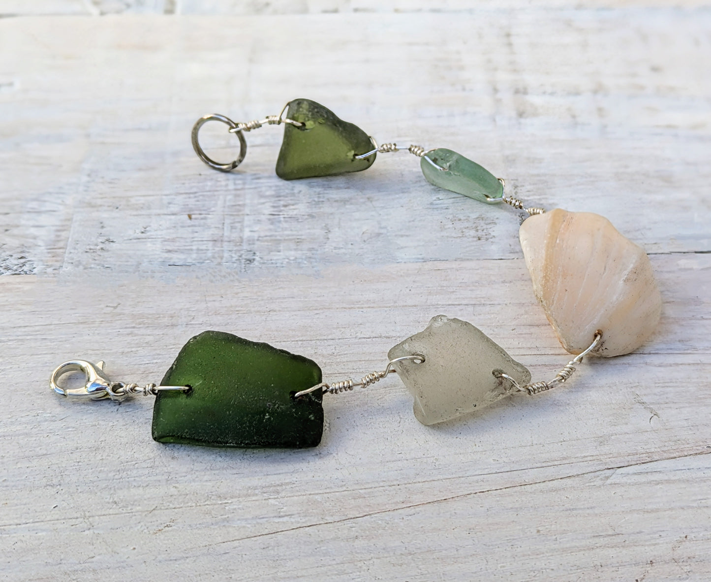 Sea Glass & Shell Bracelet - Upcycled - Ladies Handmade Boho Jewelry