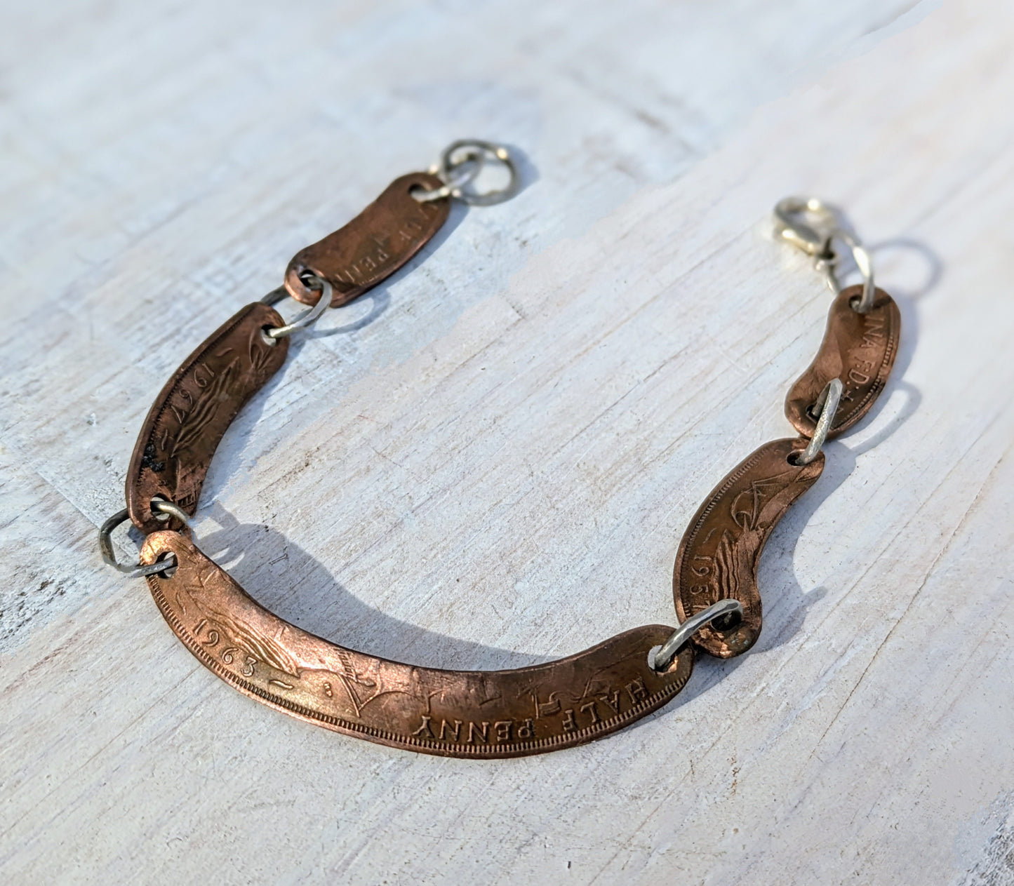 Vintage - Upcycled HALF PENNY Bracelet - Handmade - Boho - 1960s Coin Jewelry - Unisex