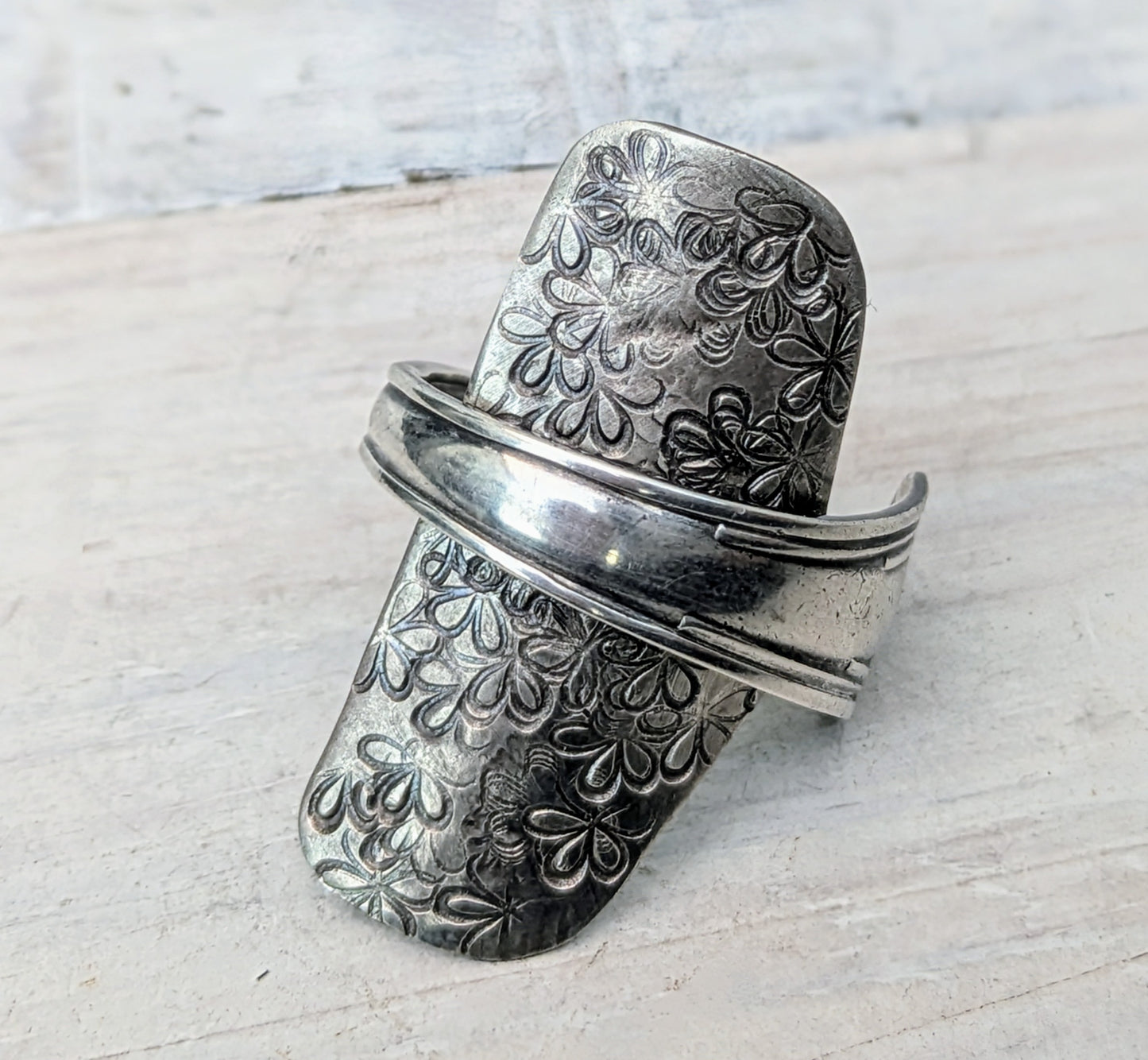 Tall 1936 Sterling Silver Floral Pattern Baby Spoon Ring