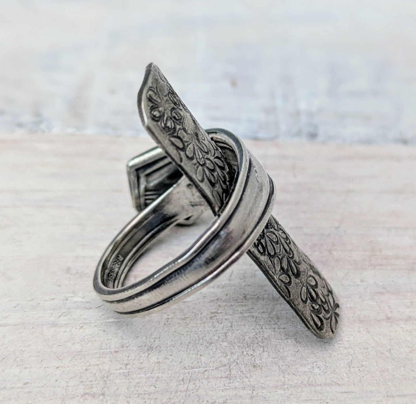 Tall 1936 Sterling Silver Floral Pattern Baby Spoon Ring