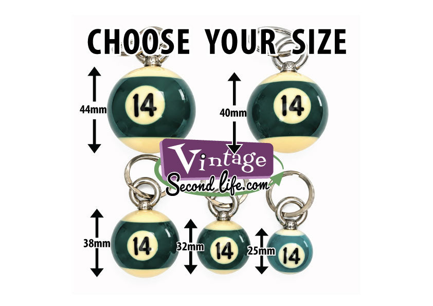 Five pool ball keychains with different height options and arrows reading 44mm, 40mm, 38mm, 32mm, and 25mm, plus large text reading CHOOSE YOUR SIZE. 