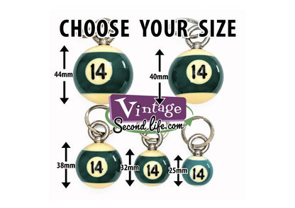 Five pool ball keychains with different height options and arrows reading 44mm, 40mm, 38mm, 32mm, and 25mm, plus large text reading CHOOSE YOUR SIZE. 