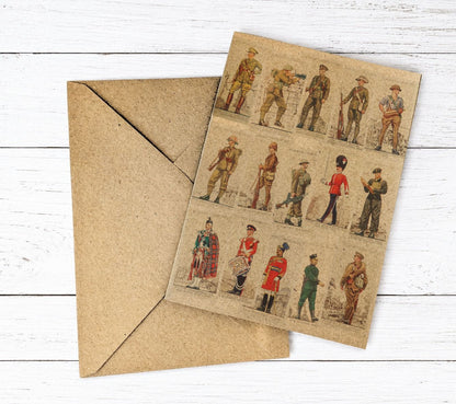 A square art print featuring vintage illustrations of soldiers in various uniforms, displayed on top of a brown kraft paper envelope against a white wood plank background.