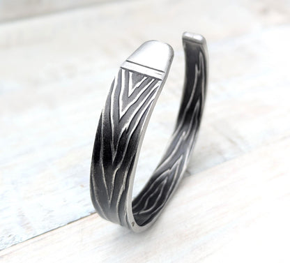 Stainless Steel Bark Effect Cuff Boho Bangle