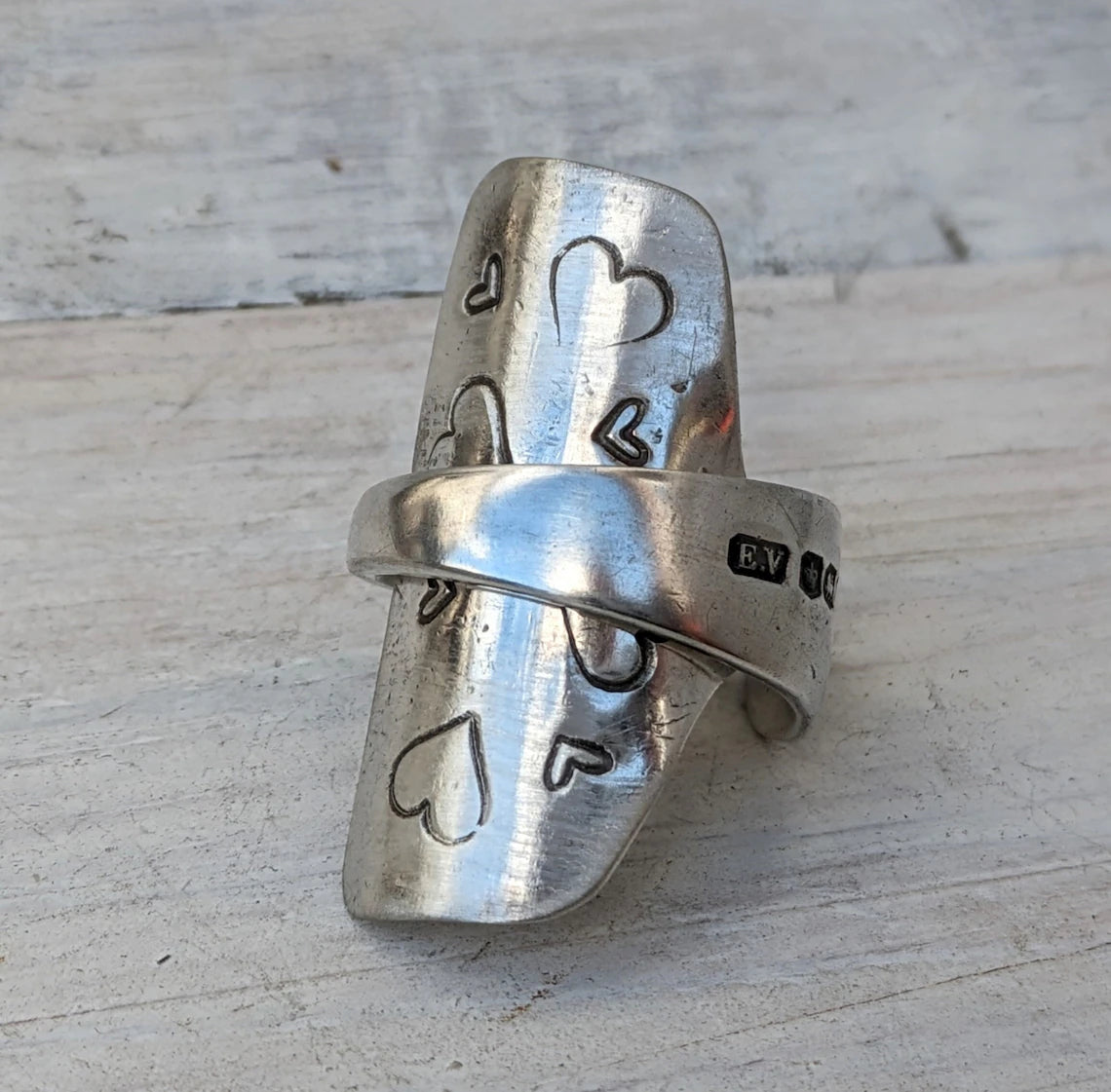 Tall 1932 Sterling Silver - Heart Pattern Baby Spoon Ring