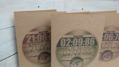 Personalised Vintage Car Tax Disc Greeting Card Classic Cars Nostalgic Birthday