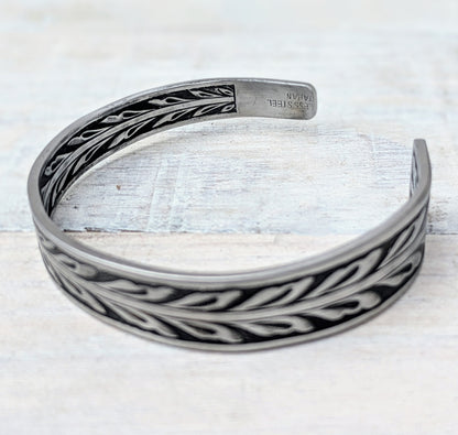 Stainless Steel Floral Cuff Bracelet Handmade Upcycled Unisex Boho Jewelry