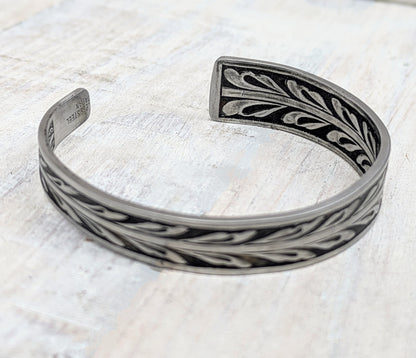 Stainless Steel Floral Cuff Bracelet Handmade Upcycled Unisex Boho Jewelry