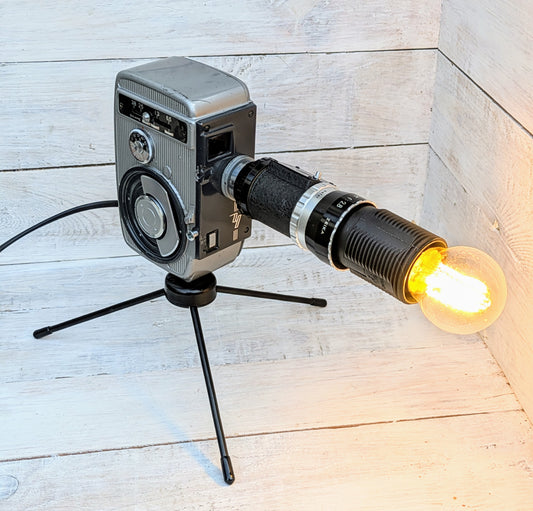 Repurposed 1950s Vintage Cine Movie Camera Lamp - Table Desk Lamp