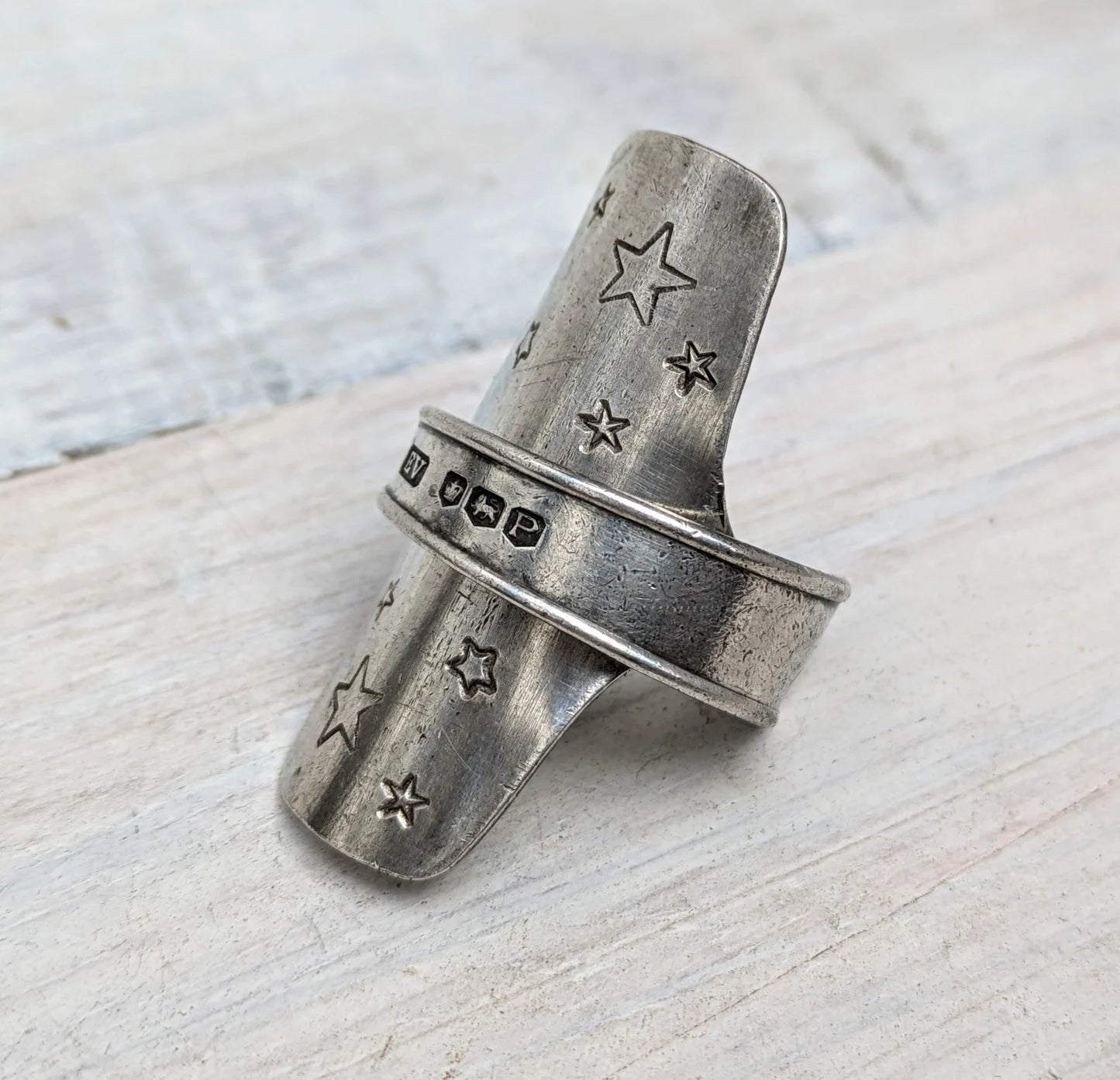 Tall 1957 Sterling Silver - Star Pattern Baby Spoon Ring