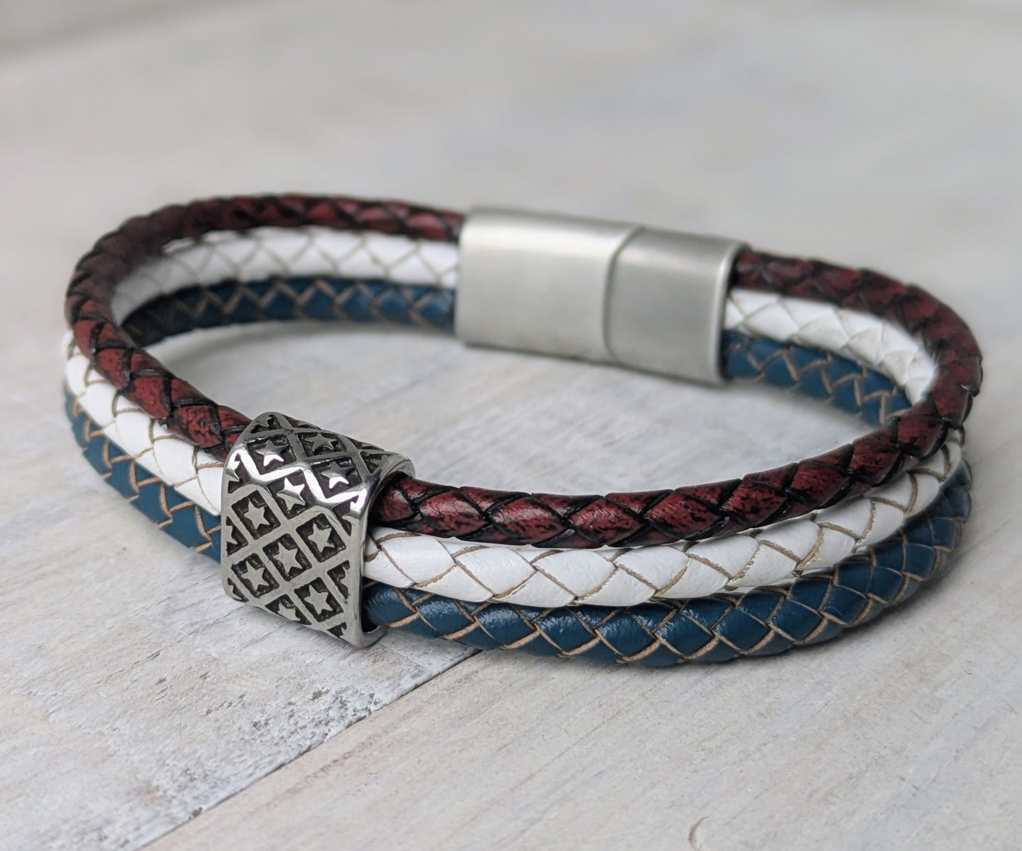 red white and blue usa mens leather bracelet