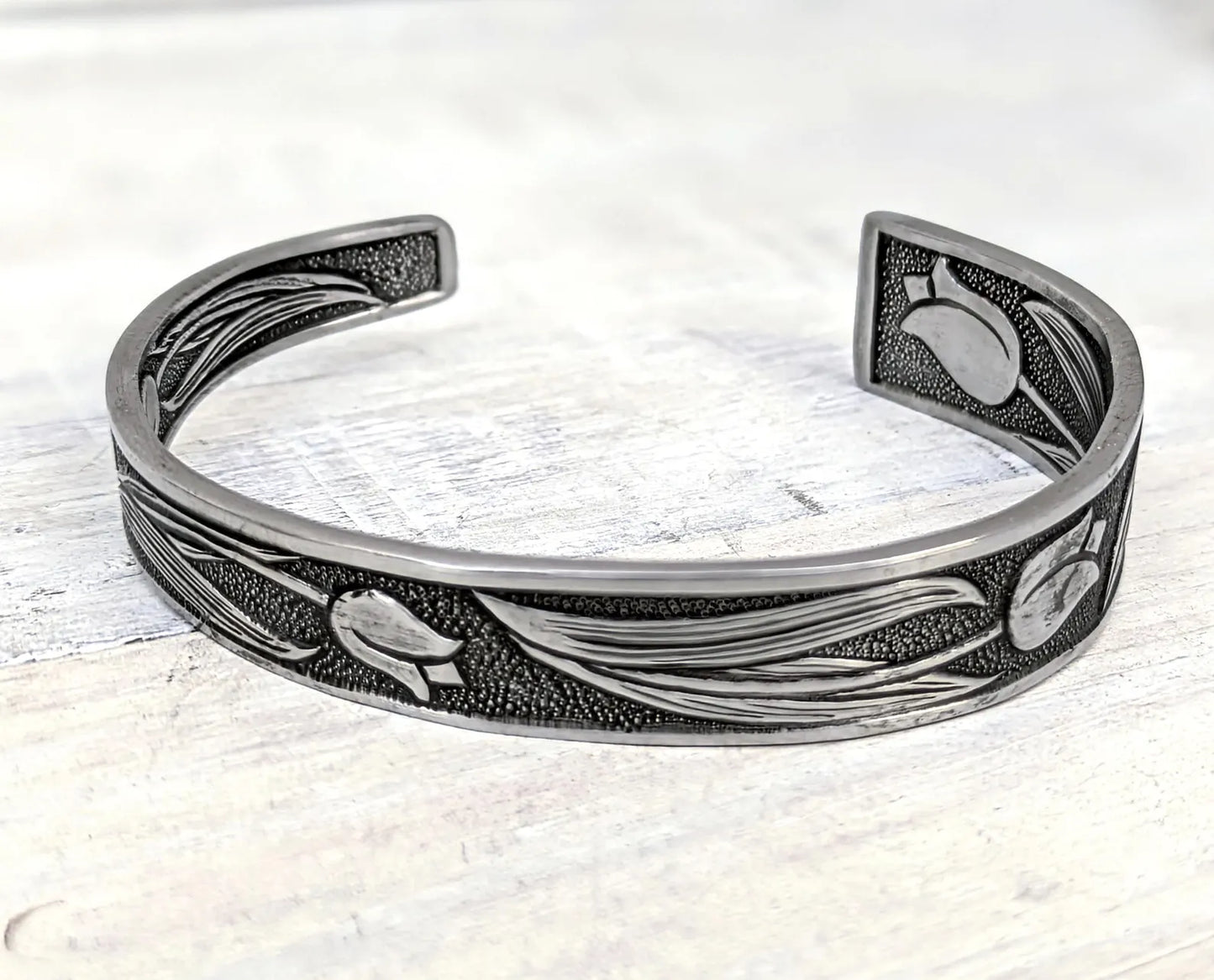Stainless Steel Tulip Floral Cuff Bracelet Handmade Upcycled Unisex Boho Jewelry