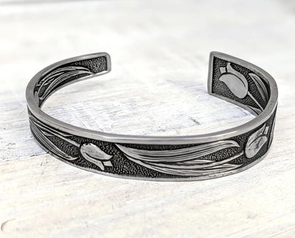 Stainless Steel Tulip Floral Cuff Bracelet Handmade Upcycled Unisex Boho Jewelry