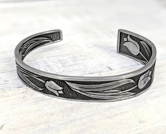 Stainless Steel Tulip Floral Cuff Bracelet Handmade Upcycled Unisex Boho Jewelry