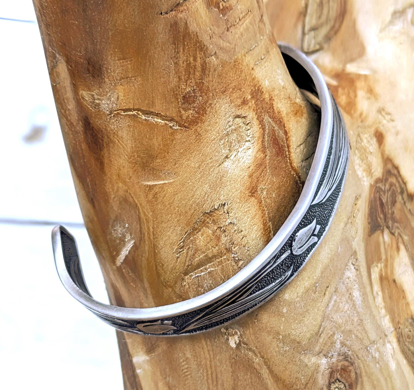 Stainless Steel Tulip Floral Cuff Bracelet Handmade Upcycled Unisex Boho Jewelry