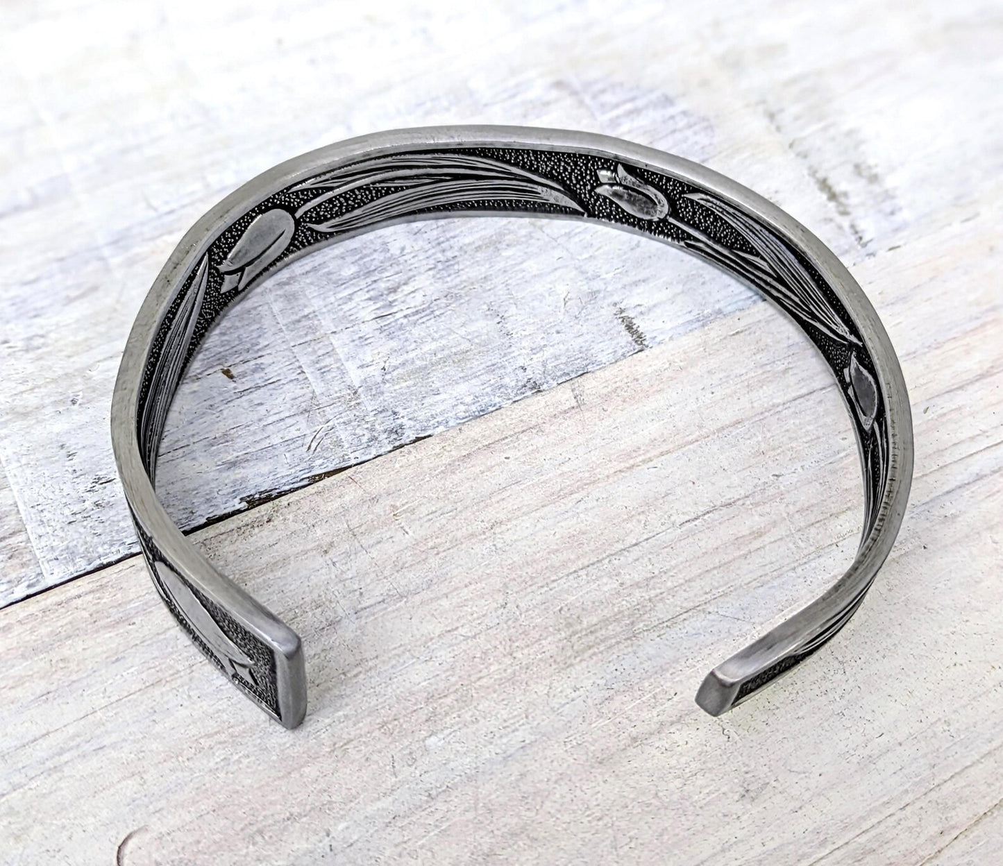 Stainless Steel Tulip Floral Cuff Bracelet Handmade Upcycled Unisex Boho Jewelry