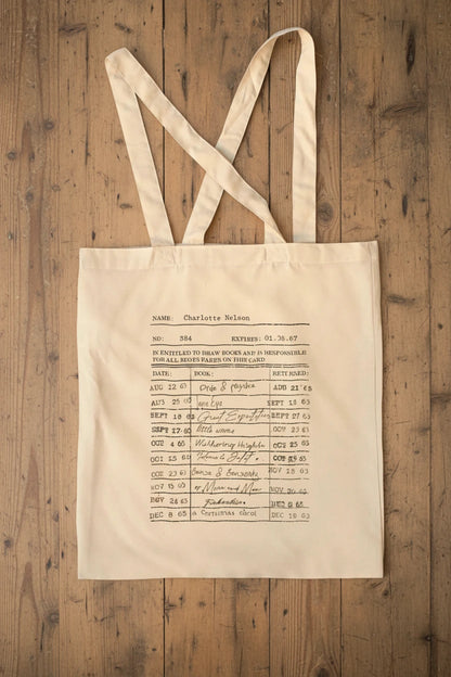 personalise your own tote bag - vintage library card with a lost of your favourite books , dates and name of person - perfect gift for a book lover 