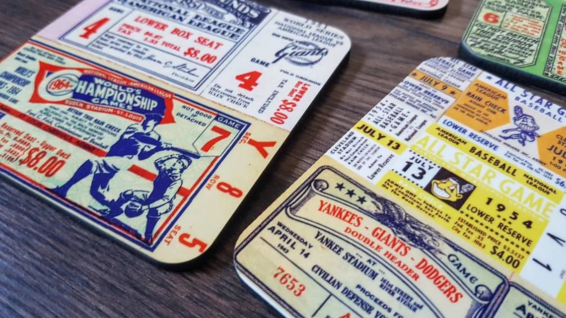 VINTAGE BASEBALL Tickets - Drinks Coasters Set - USA - Sports - American - Homerun - New York - Chicago - Boston - Dad - Gift - Mancave