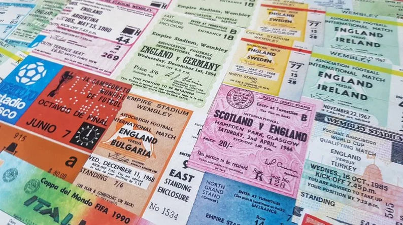 ENGLAND - Football - Vintage Tickets - A4 Wall Art Print - Mancave - Retro Advertising - 1966 - Soccer - 3 Lions - Goal - Penalty