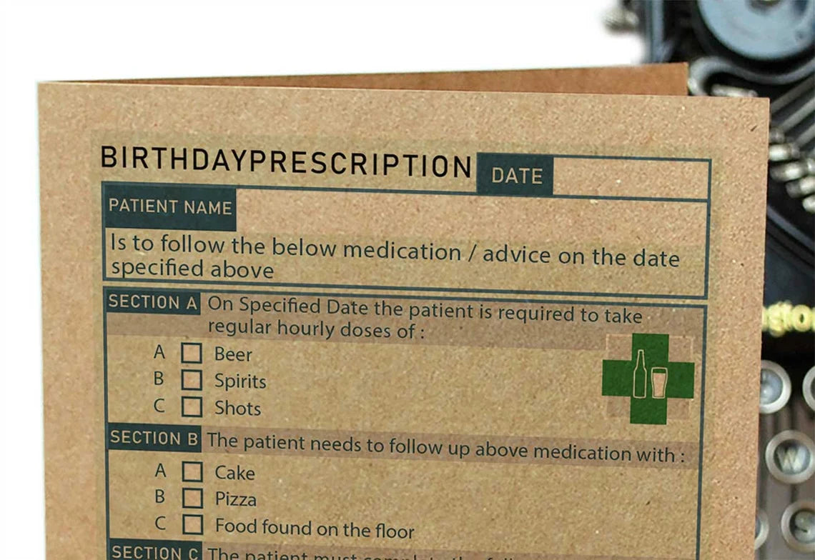 ALCOHOL PRESCRIPTION - Birthday Card - ADULT Humour - Hangover - Drinking - Beer - Alcohol - Inappropriate - Joke - Humor - Drunk - Wasted