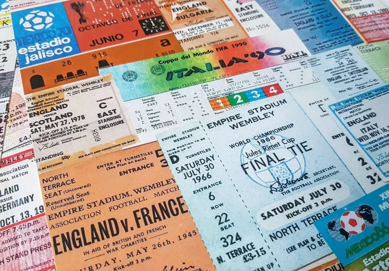 ENGLAND - Football - Vintage Tickets - A4 Wall Art Print - Mancave - Retro Advertising - 1966 - Soccer - 3 Lions - Goal - Penalty