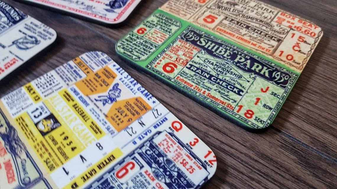 VINTAGE BASEBALL Tickets - Drinks Coasters Set - USA - Sports - American - Homerun - New York - Chicago - Boston - Dad - Gift - Mancave