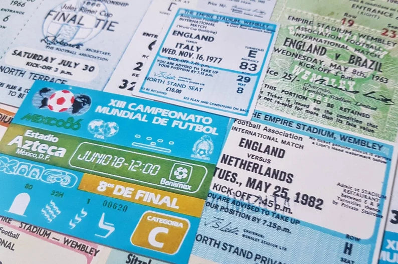 ENGLAND - Football - Vintage Tickets - A4 Wall Art Print - Mancave - Retro Advertising - 1966 - Soccer - 3 Lions - Goal - Penalty