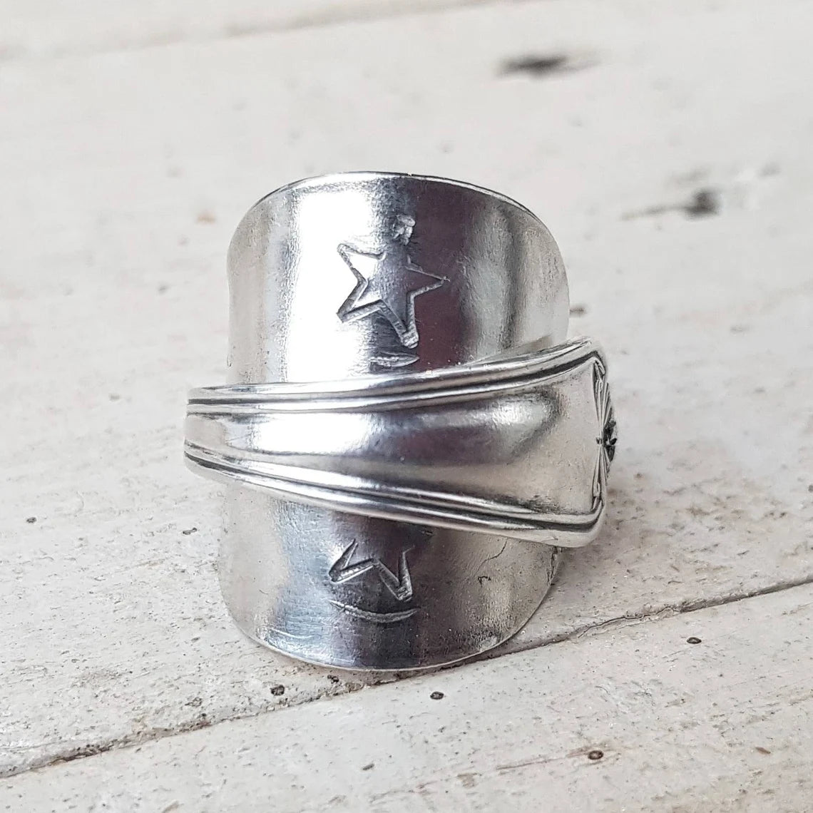 Vintage - Spoon Ring - Handmade Upcycled - Star Stamped - Boho Jewelry