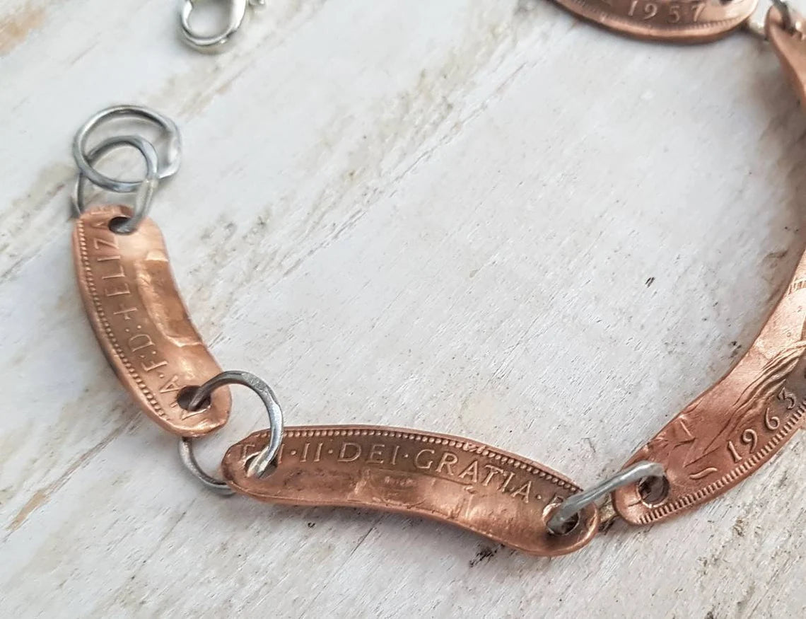 Vintage - Upcycled HALF PENNY Bracelet - Handmade - Boho - 1960s Coin Jewelry - Unisex