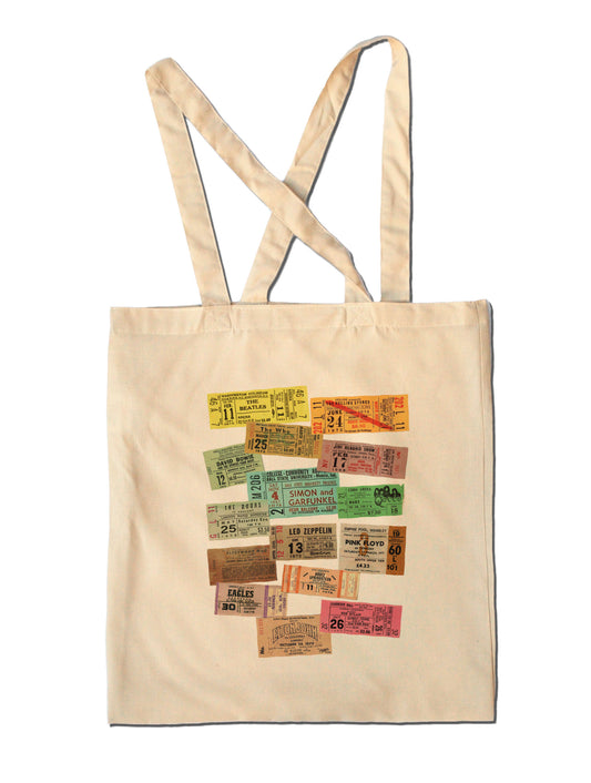 Classic Rock Bands - Vintage Concert Ticket Shopping Bag - Bowie - Floyd - Dylan - Beatles - Hendrix - Springsteen - Stones - Who
