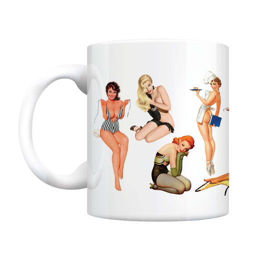 A white ceramic coffee mug featuring vintage pin-up girl art from the 1950s.