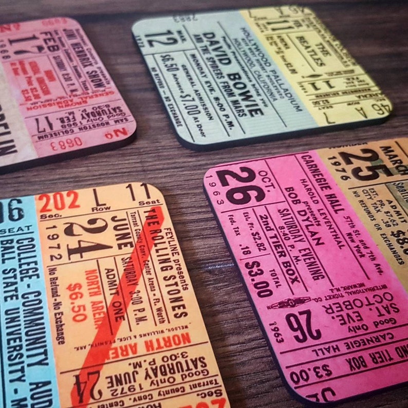 VINTAGE CONCERT TICKET - Coaster Set - Stones - Beatles - Led Zep - 60s - 70s Rock 