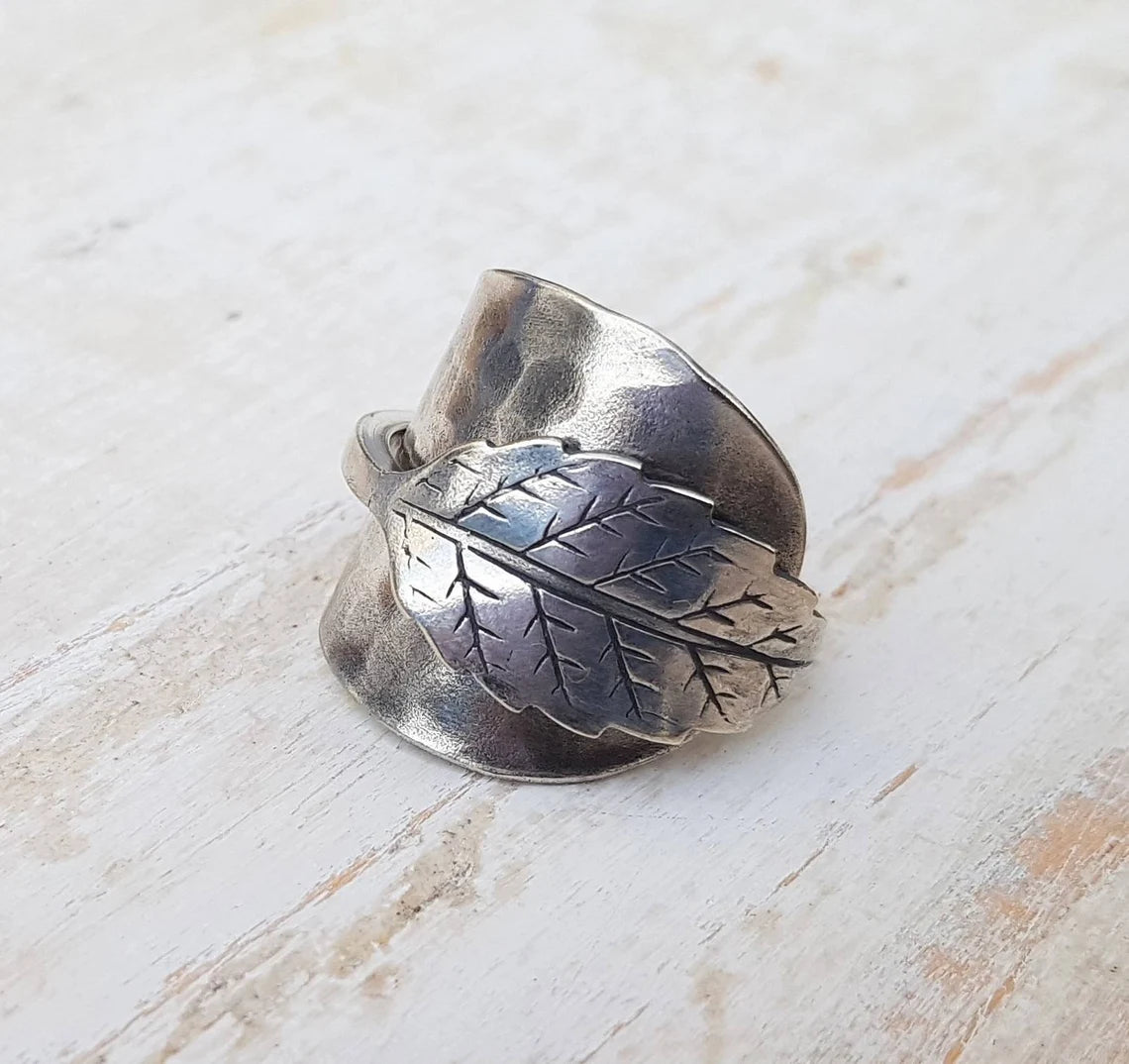 Vintage - Leaf Spoon Ring - Handmade Upcycled - Boho Jewelry