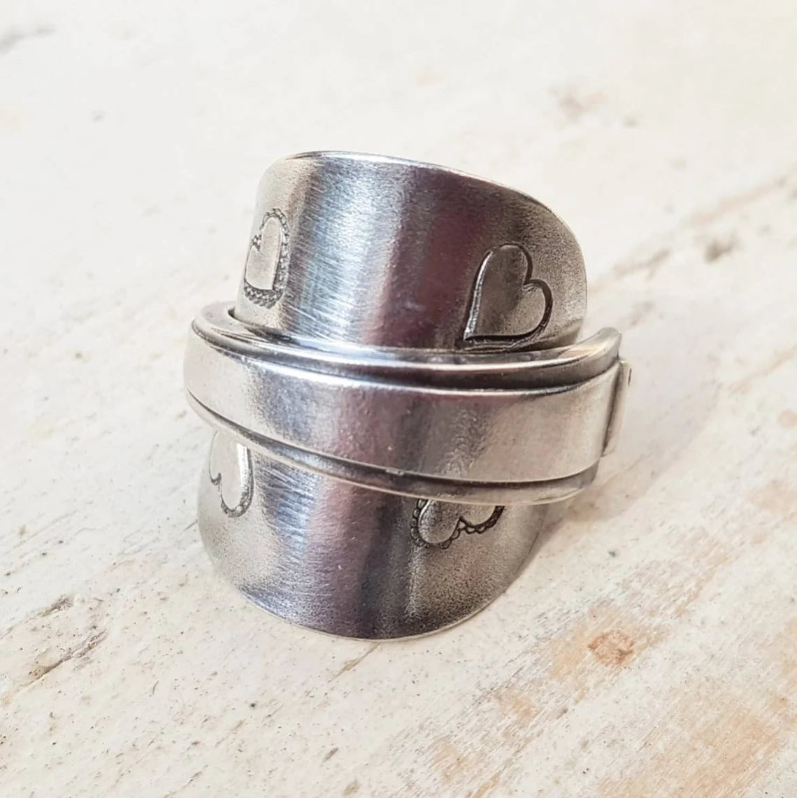 Vintage Art Deco Upcycled Spoon Ring - Heart Pattern